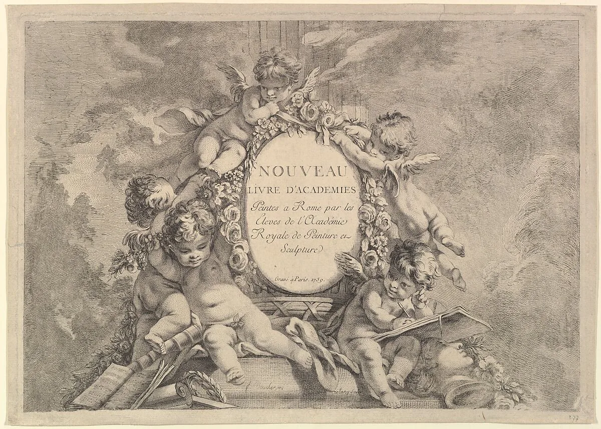 Frontispiece, from Nouveau Livre d'Academies Peintes a Rome par les Eleves de l'Académie Royale de Peinture et Sculpture (New Book of the Academy Painted in Rome by the Pupils of the Royal Academy of Painting and Sculpture) — François Boucher