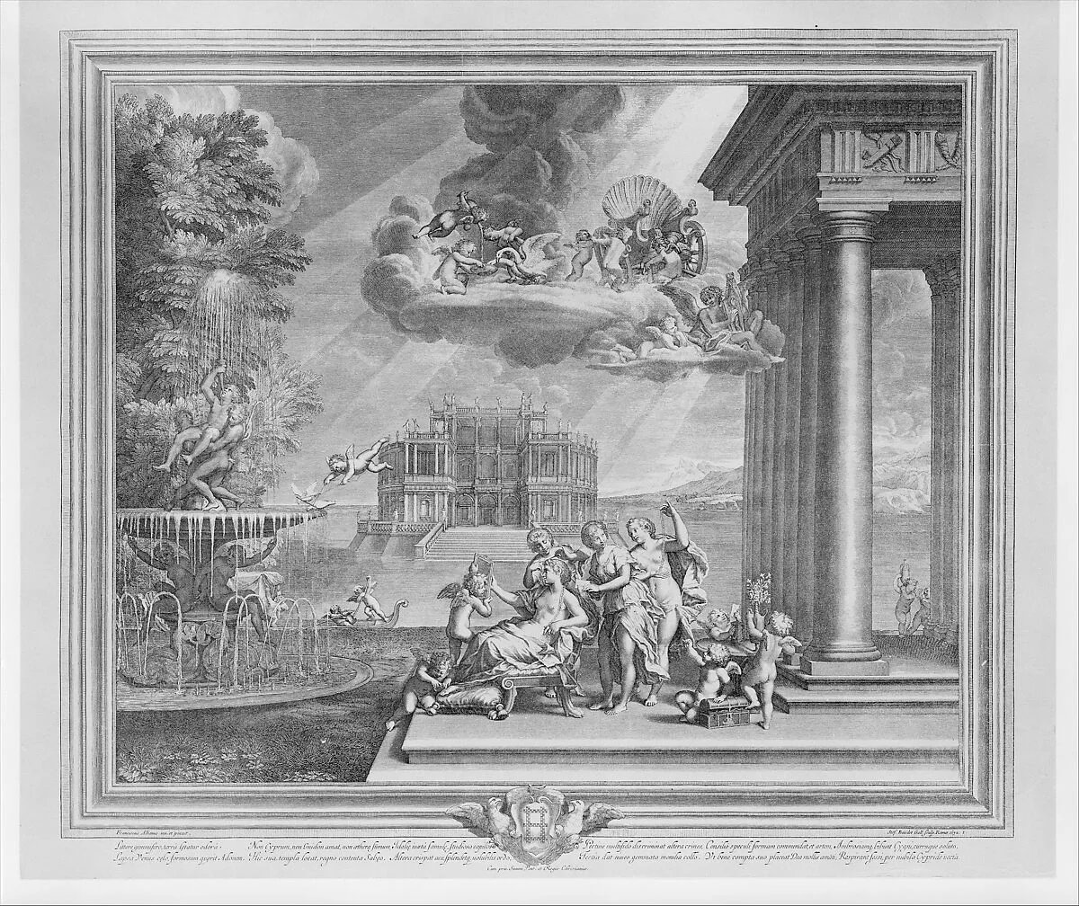Plate 1: The Toilette of Venus; Venus reclining at center, gazing into a mirror held by Cupid, attendants fix her hair while a putto ties her sandal, above her chariot appears on a cloud; from the series 'The Loves of Venus and Adonis' — Etienne Baudet|Francesco Albani