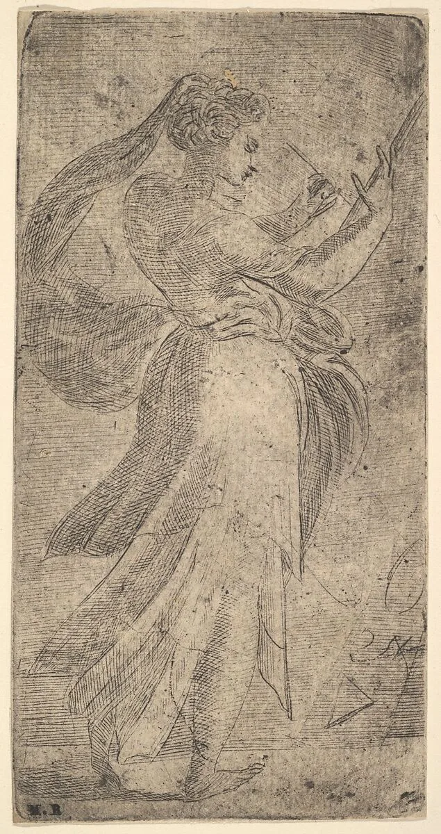 A woman standing in profile, facing right and writing on a tablet — Andrea Schiavone (Andrea Meldola)