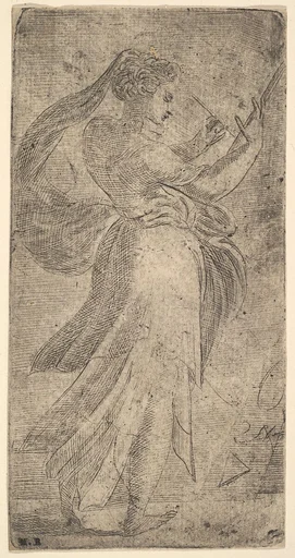 A woman standing in profile, facing right and writing on a tablet