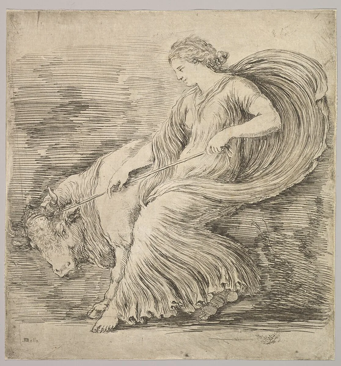 A woman in profile pulling back on a rope tied around the horns of a young bull — Stefano della Bella