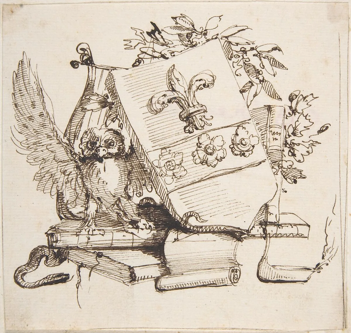 Drawing of a Decorated Coat of Arms surrounded by Books, Owl, Leaves, Vase and a Snake — Carlo Bianconi
