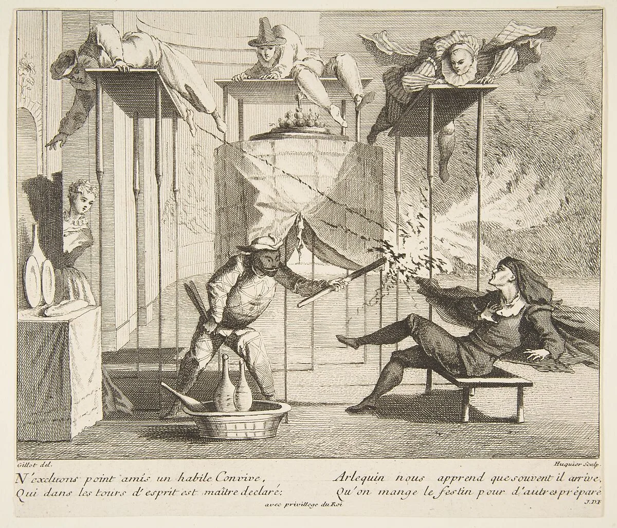Harlequin menaces Scaramouche with a Torch — Claude Gillot|Jacques Gabriel Huquier