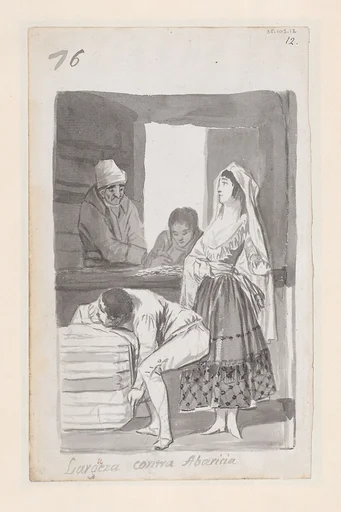'Generosity versus Greed', a woman and three men conducting a transaction inside a shop; folio 76 (recto) from the Madrid Album 'B'