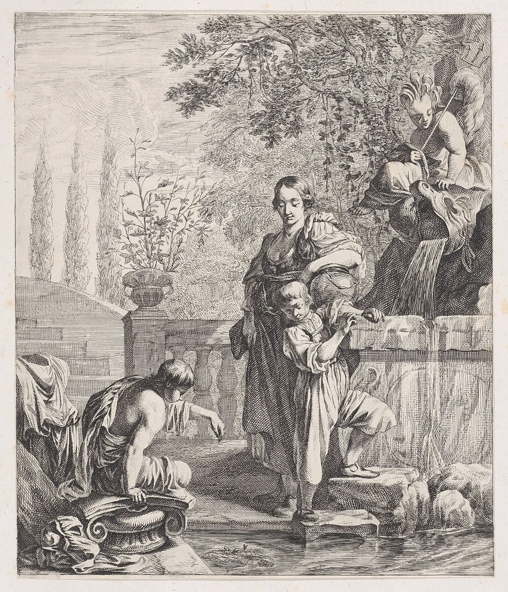 Standing Woman with a Child near a Fountain — Dancker Danckerts|Michel Dorigny
