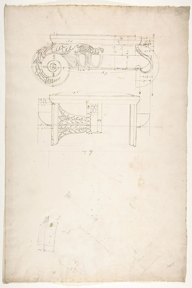 Unidentified, Ionic capital, front and side elevations with small studies (recto) calculation notes (verso) — Anonymous, French, 16th century