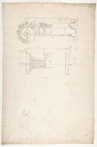 Unidentified, Ionic capital, front and side elevations with small studies (recto) calculation notes (verso)