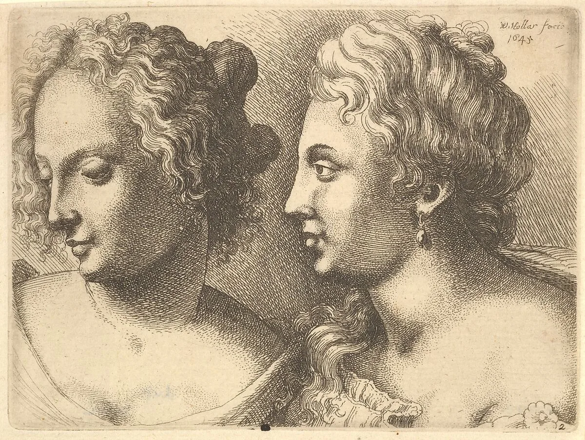 Heads of two young women — Leonardo da Vinci|Wenceslaus Hollar