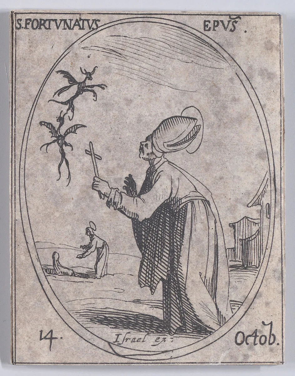 S. Fortunat, évêque (St. Fortunatus, Bishop), October 14th, from "Les Images De Tous Les Saincts et Saintes de L'Année" (Images of All of the Saints and Religious Events of the Year) — Jacques Callot|Israël Henriet