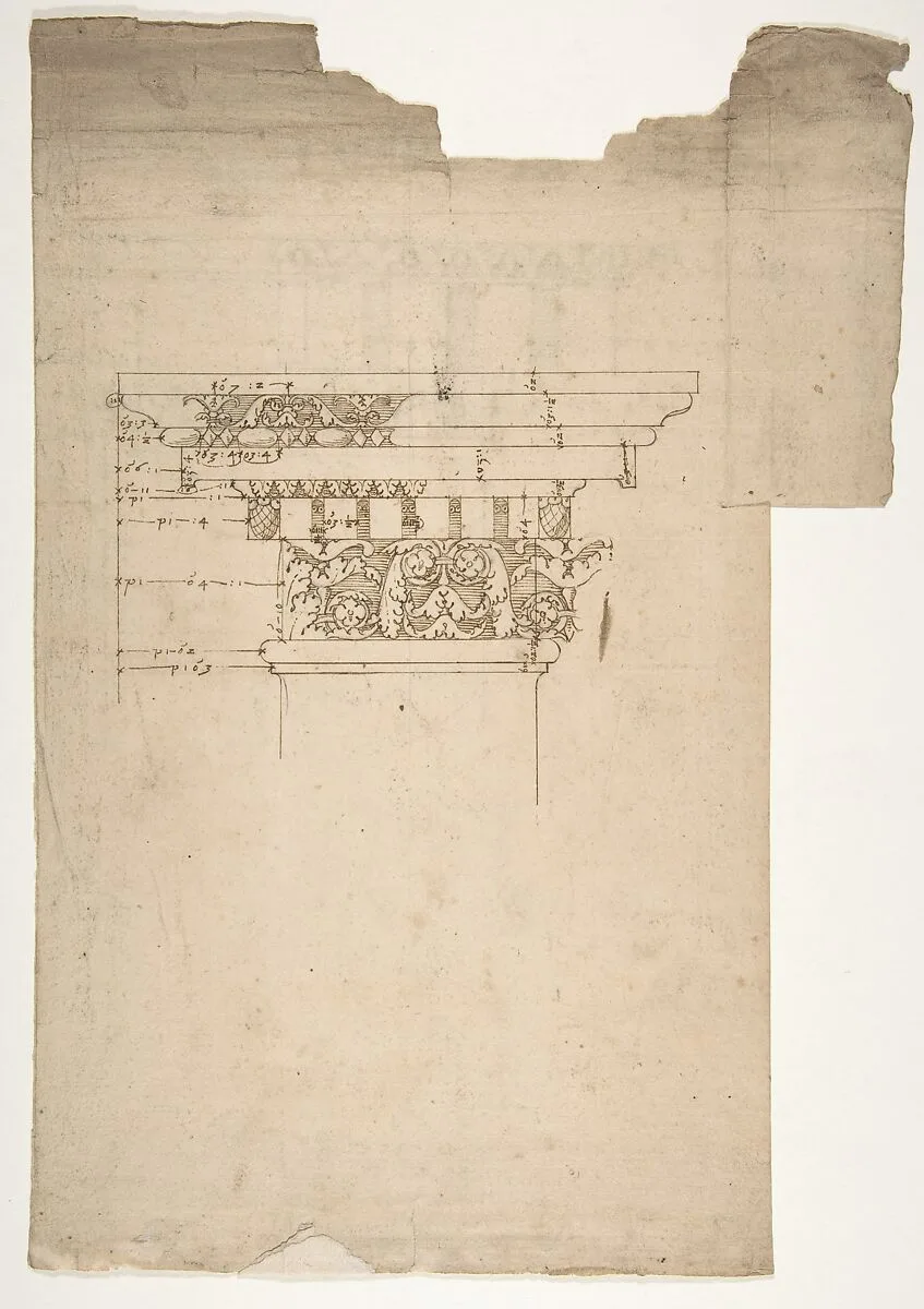 Arch of Septimius Severus, ornamental cornice and pilaster (recto) Arch of Septimius Severus, cornice with ornamental frame moulding (verso) — Anonymous, French, 16th century