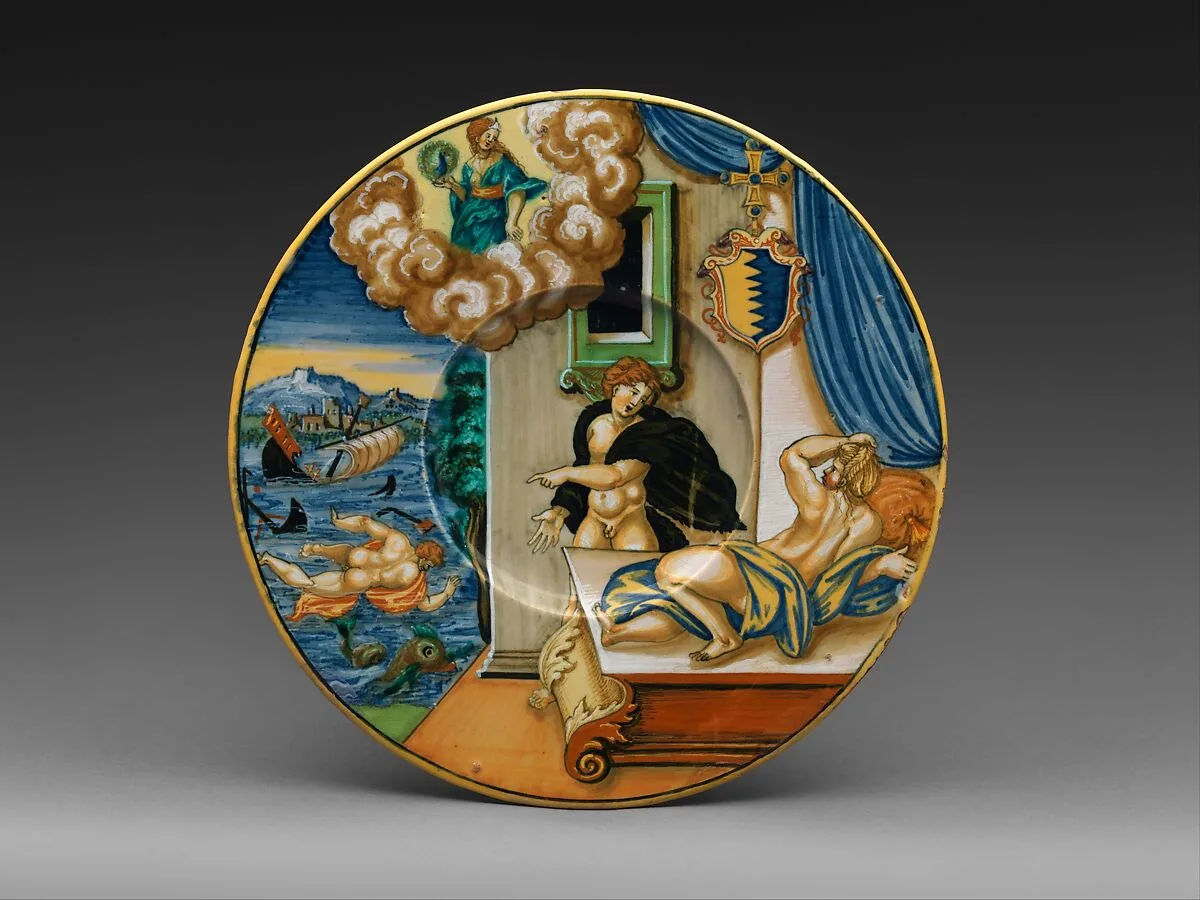 Plate with The Vision of Alcyone and arms of Jacopo Pisaro — Fra Xanto Avelli da Rovigo