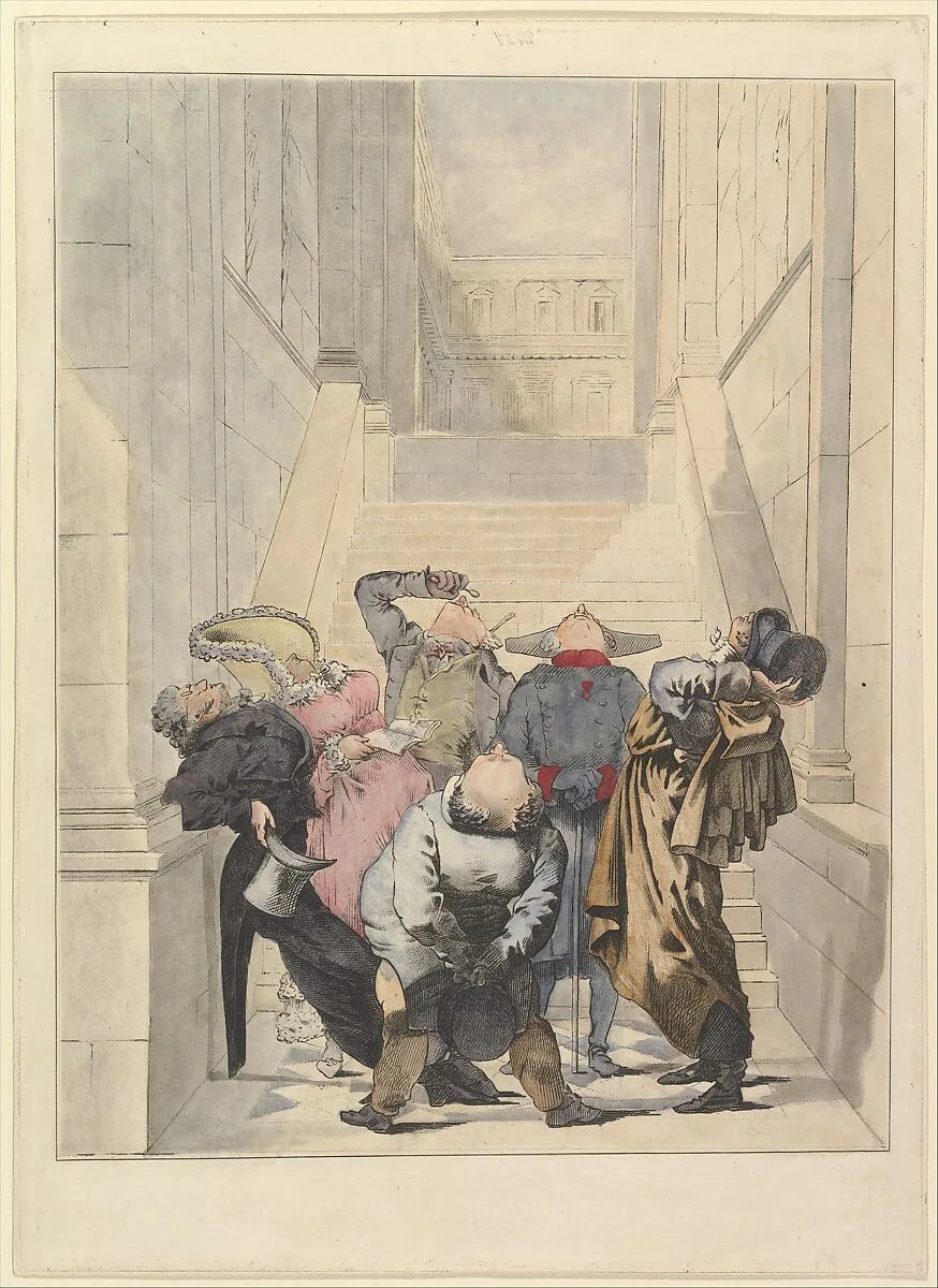 Visitors to the Salon Exhibition, Admiring the Ceiling (Les Amateurs de plafonds au Salon) — Louis Philibert Debucourt|Carle (Antoine Charles Horace) Vernet