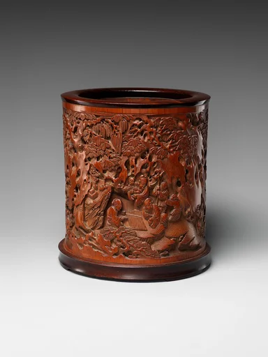 清康熙 竹雕筆筒|Brush holder decorated with garden scene