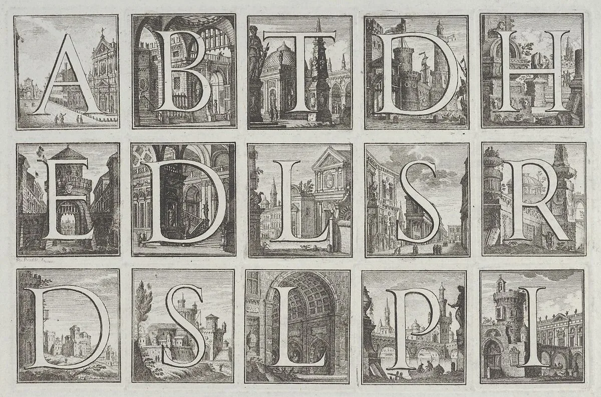 Roman alphabet against architectural backgrounds, from G. P. Zanotti's Il Claustro di San Michele in Bosco di Bologna — Pio Panfili