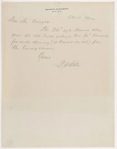 Letter: Francis W. Little to Frank Lloyd Wright, October 11, 1912 (copy) — Francis W. Little