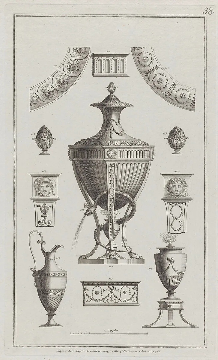 Vases and Ornament Designs, nos. 200-208, plate 38 from "Designs for Various Ornaments" — Michelangelo Pergolesi