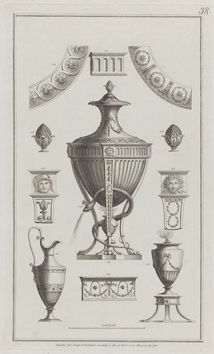 Vases and Ornament Designs, nos. 200-208, plate 38 from "Designs for Various Ornaments"