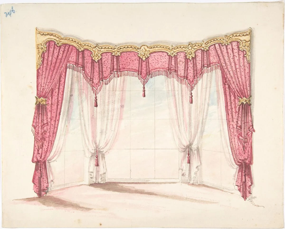 Design for Red Fringed and Tasseled Curtains with a Gold Pelmet — Anonymous, British, 19th century