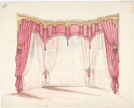Design for Red Fringed and Tasseled Curtains with a Gold Pelmet