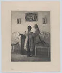 Interior with two girls, one standing and one kneeling on a chair, and three framed silhouettes on the wall — Den Danske Radeerforening|Peter Ilsted