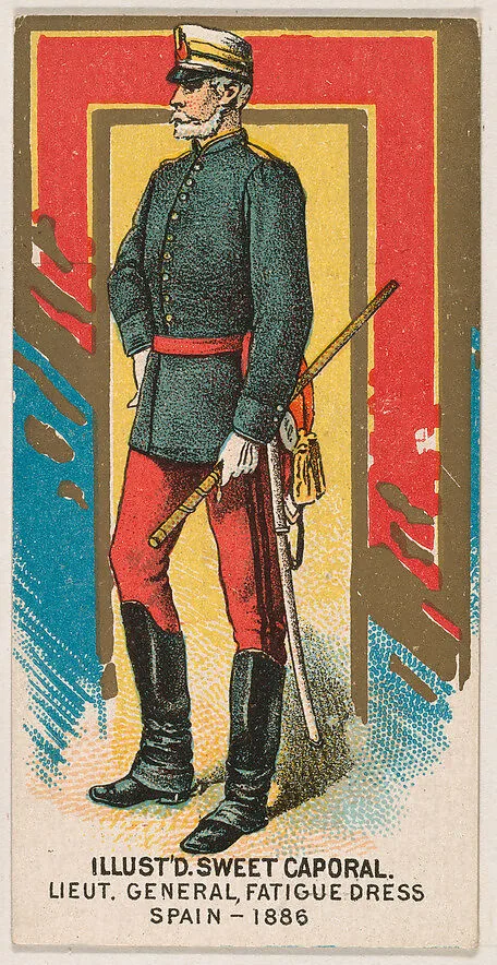 Lieutenant General, Fatigue Dress, Spain, 1886, from the Military Series (N224) issued by Kinney Tobacco Company to promote Sweet Caporal Cigarettes — Kinney Brothers Tobacco Company