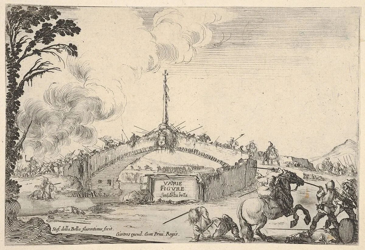 Combat on a bridge, a horseman and two footsoldiers battle with swords at bottom right, one footsoldier on the ground to left of the horseman, various soldiers with swords on the bridge in the background, French coat of arms displayed in center of bridge, title page of 'Varie figure' — Stefano della Bella|François Langlois