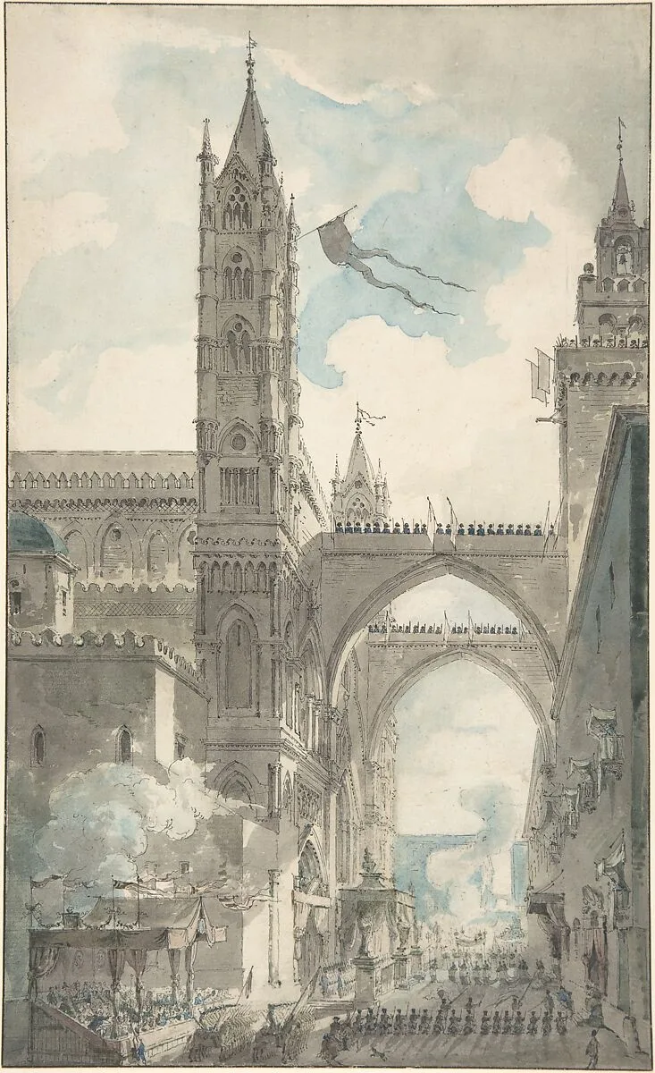 View of the Portal and Principal Entrance of the Cathedral of Palermo during the Festival of Sta. Rosalia — Louis Jean Desprez