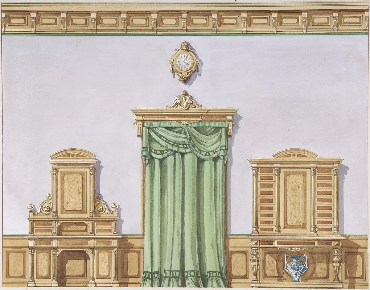 Interior Design with a Central Door Covered by Green Drapery and Two Cabinets — Anonymous, British, 19th century