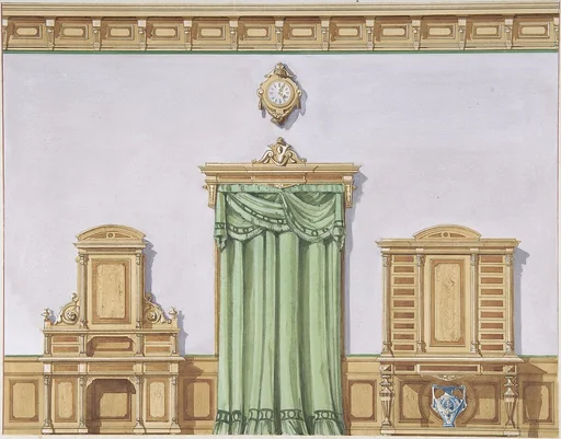 Interior Design with a Central Door Covered by Green Drapery and Two Cabinets