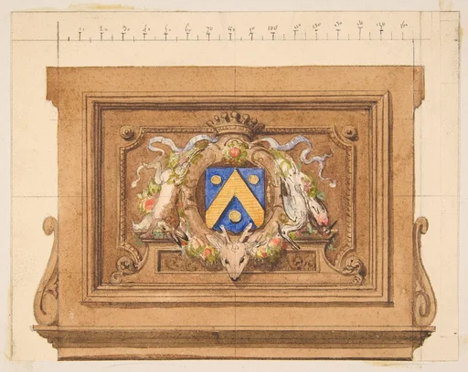 Design of a decorative panel featuring hunting trophies, a shield, and a crown