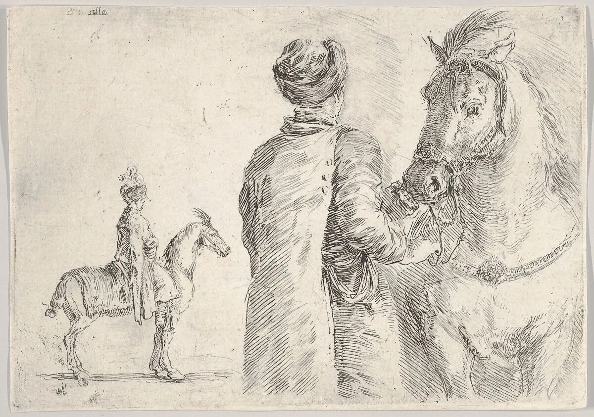 A Polish valet, seen from behind, holding the bridle of a horse to right, a Polish horseman in profile to left in the background — Stefano della Bella