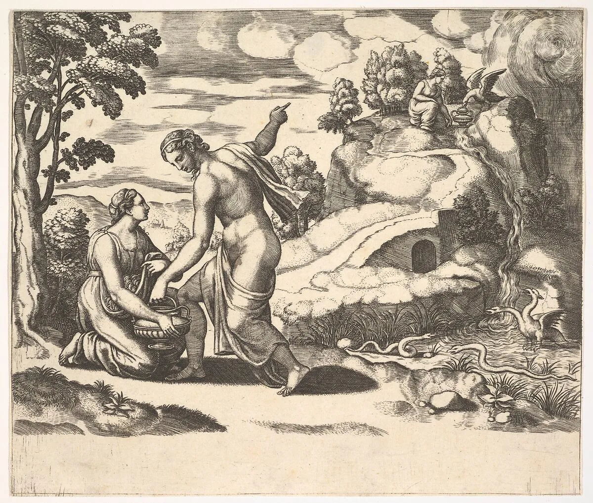 Venus ordering Psyche to take water from a fountain guarded by dragons, from 'Fable of Cupd and Psyche' — Master of the Die