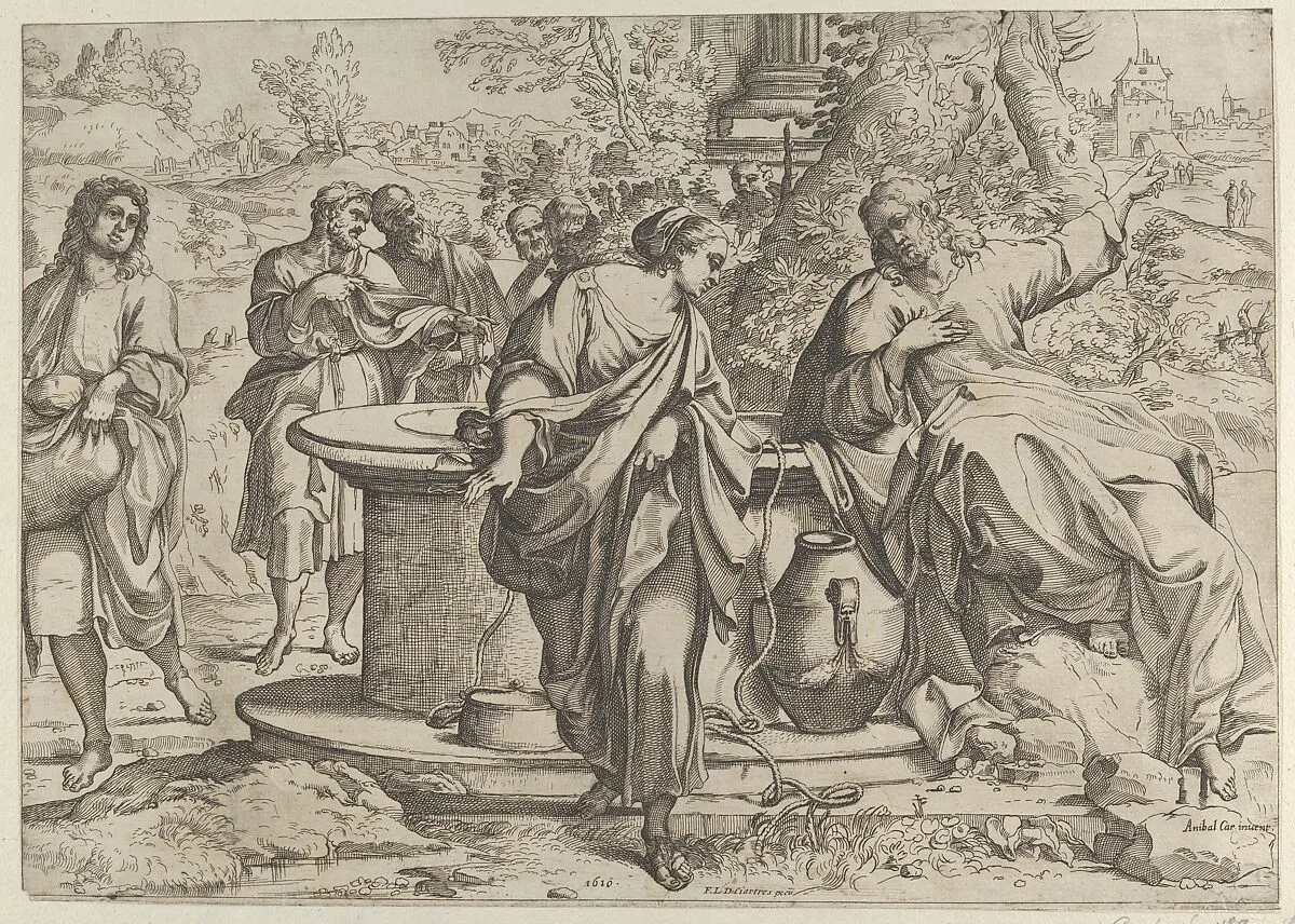 The Samaritan woman standing at the well, Christ seated next to her pointing to the right, after Annibale Caracci — Annibale Carracci|François Langlois|Anonymous|Francesco Brizio