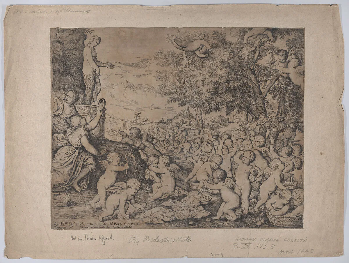Putti before a statue of Venus; after Titian — Giovanni Giacomo De Rossi|Giovanni Andrea Podestà|Titian (Tiziano Vecellio)