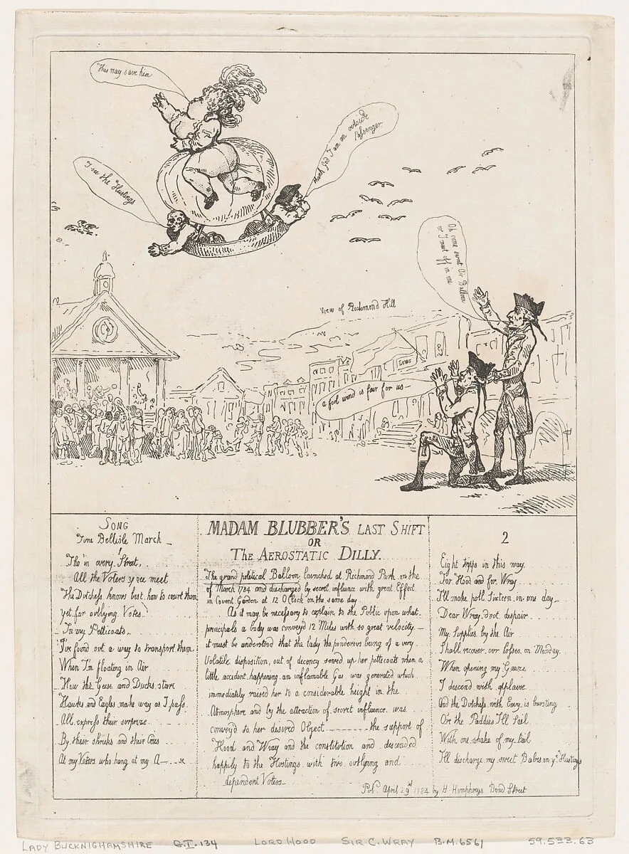 Madam Blubber's Last Shift or The Aerostatic Dilly — Samuel Hood, 1st Viscount Hood|Lady Albinia Hobart, Countess of Buckinghamshire|Sir Cecil Wray|Thomas Rowlandson|Hannah Humphrey