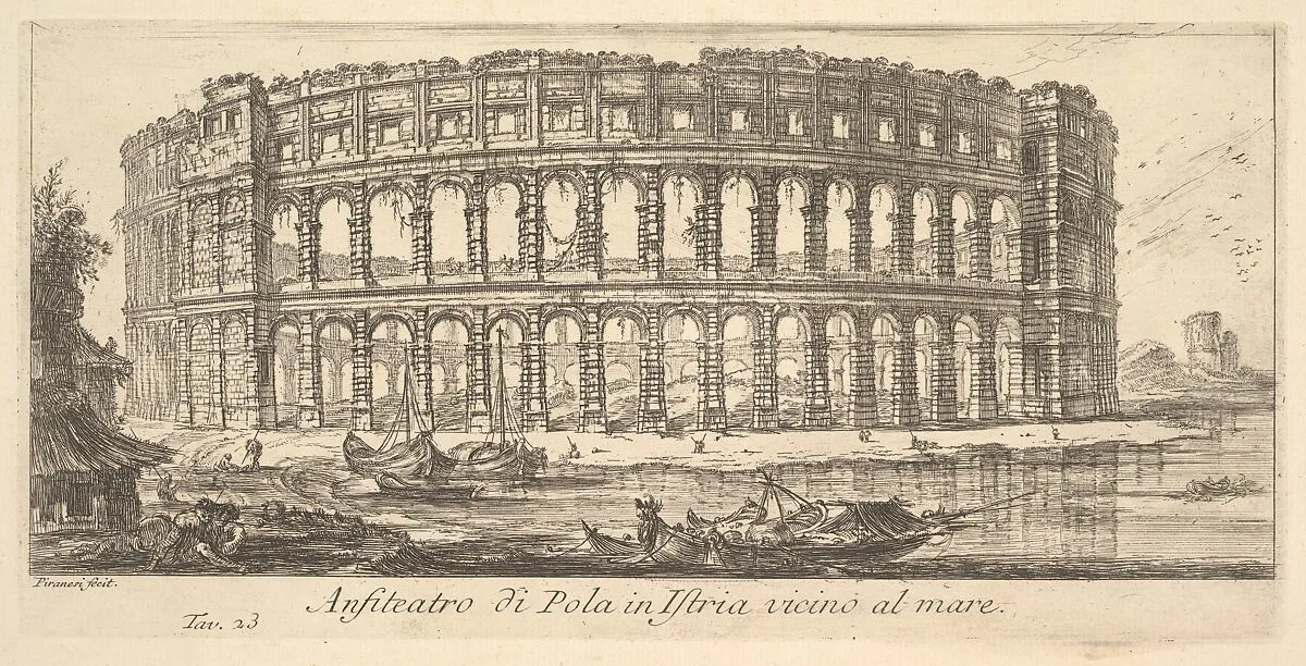 Plate 23: Amphitheater of Pola in Istria near the sea (Anfiteatro di Pola in Istria vicino al mare), from "Alcune Vedute di Archi Trionfali ed altri monumenti inalzati da Romani parte di quali se veggono in Roma e parte per l'Italia" (Some Views of Triumphal Arches and other monuments erected by the Romans, some of which are in Rome and some elsewhere in Italy) — Giovanni Battista Piranesi