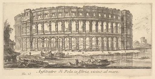 Plate 23: Amphitheater of Pola in Istria near the sea (Anfiteatro di Pola in Istria vicino al mare), from "Alcune Vedute di Archi Trionfali ed altri monumenti inalzati da Romani parte di quali se veggono in Roma e parte per l'Italia" (Some Views of Triumphal Arches and other monuments erected by the Romans, some of which are in Rome and some elsewhere in Italy)