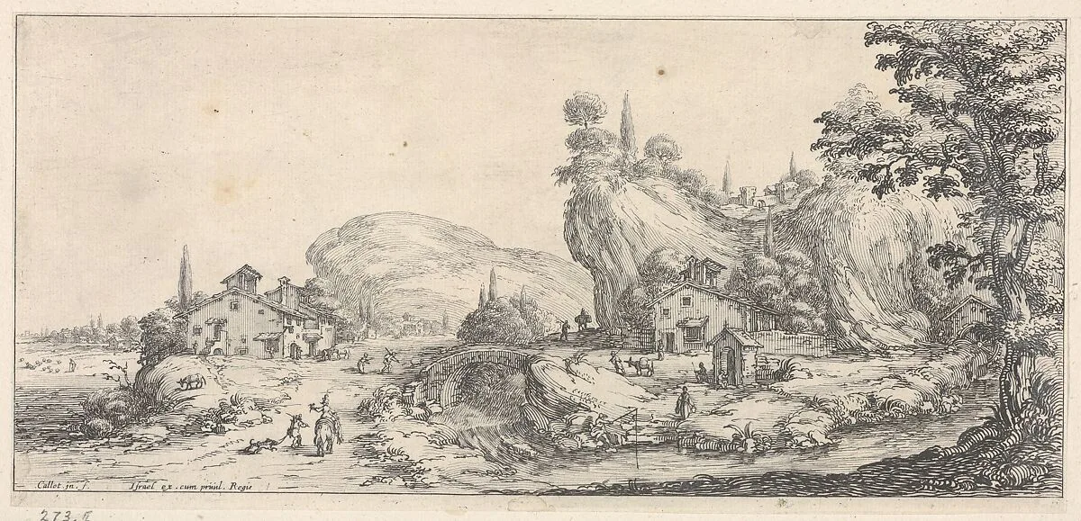 Walking and mounted figures surrounding a river traversed by a bridge, with a hilly outcrop and windmill, from the series 'Italian landscapes' (Diverse vedute designate in Fiorenza / Paysages italiens) — Jacques Callot|Israël Henriet