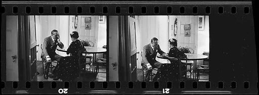 [Two 35mm Film Frames:  Portraits of Unidentified Man and Woman Seated at Table]