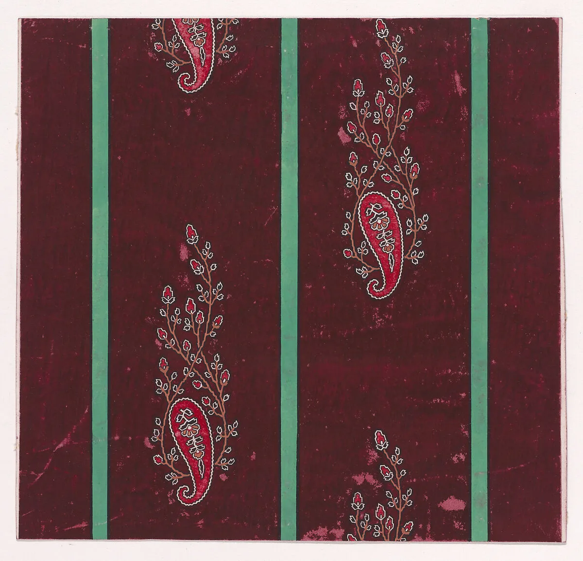Textile Design with Vertical Rows of Paisley Motifs Flanked by Interlacing Branches with Stylized Flowers and Leaves Separated by Stripes — Anonymous, Alsatian, 19th century