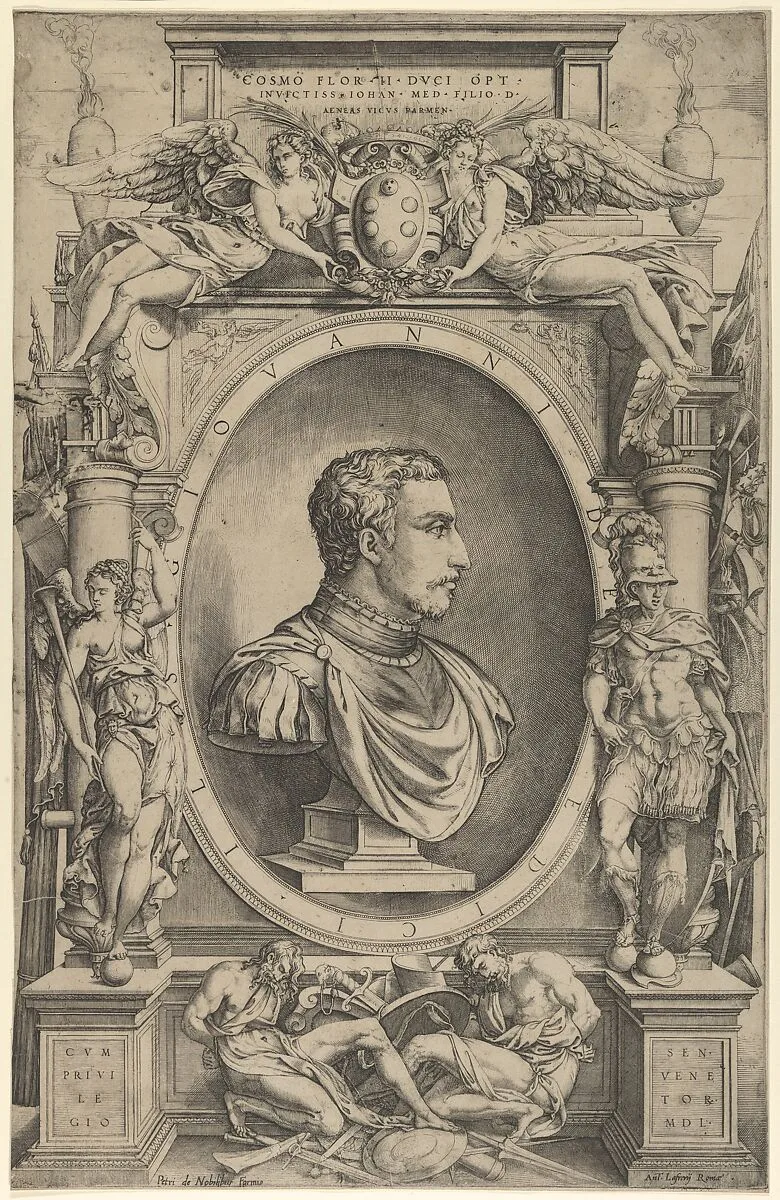 Portrait of Giovanni de' Medici facing right within an elaborate cartouche flanked by Victory at the left and Mars at right, winged figures holding Medici coat of arms top center — Enea Vico|Pietro de' Nobili|Antonio Lafreri|Giovanni de' Medici