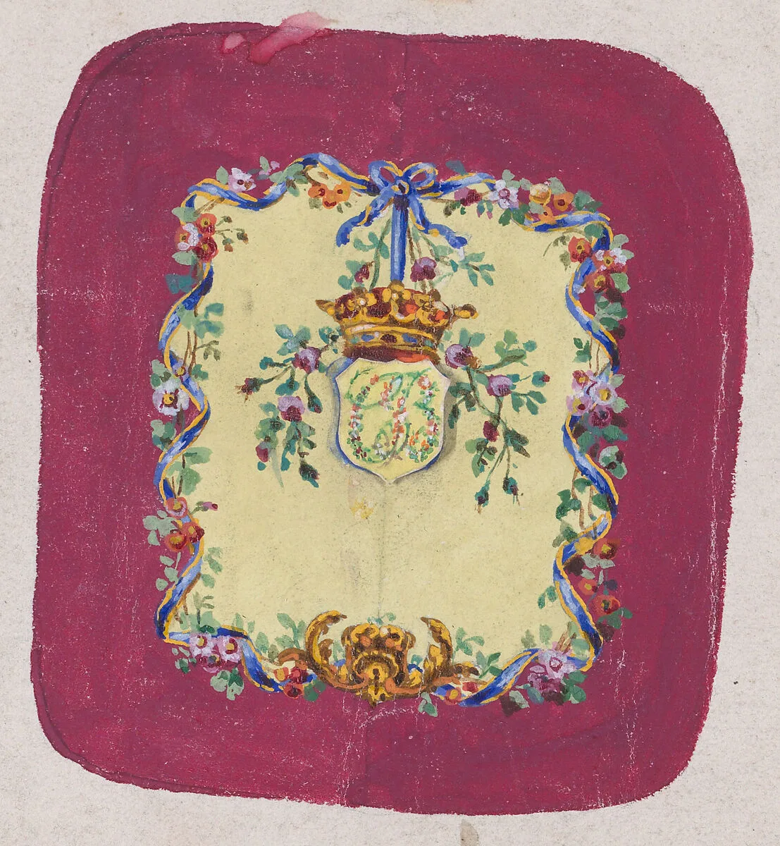 Design for a Chair Back Cover with an Ornamental Frame Formed by a Garland of Leaves and Flowers with an Interlacing Ribbon that Forms a Bow from which a Crown Motif with Monogram Hangs — Anonymous, French, 19th century