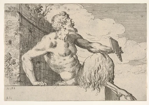 Seated Pan holding a pipe in his left hand
