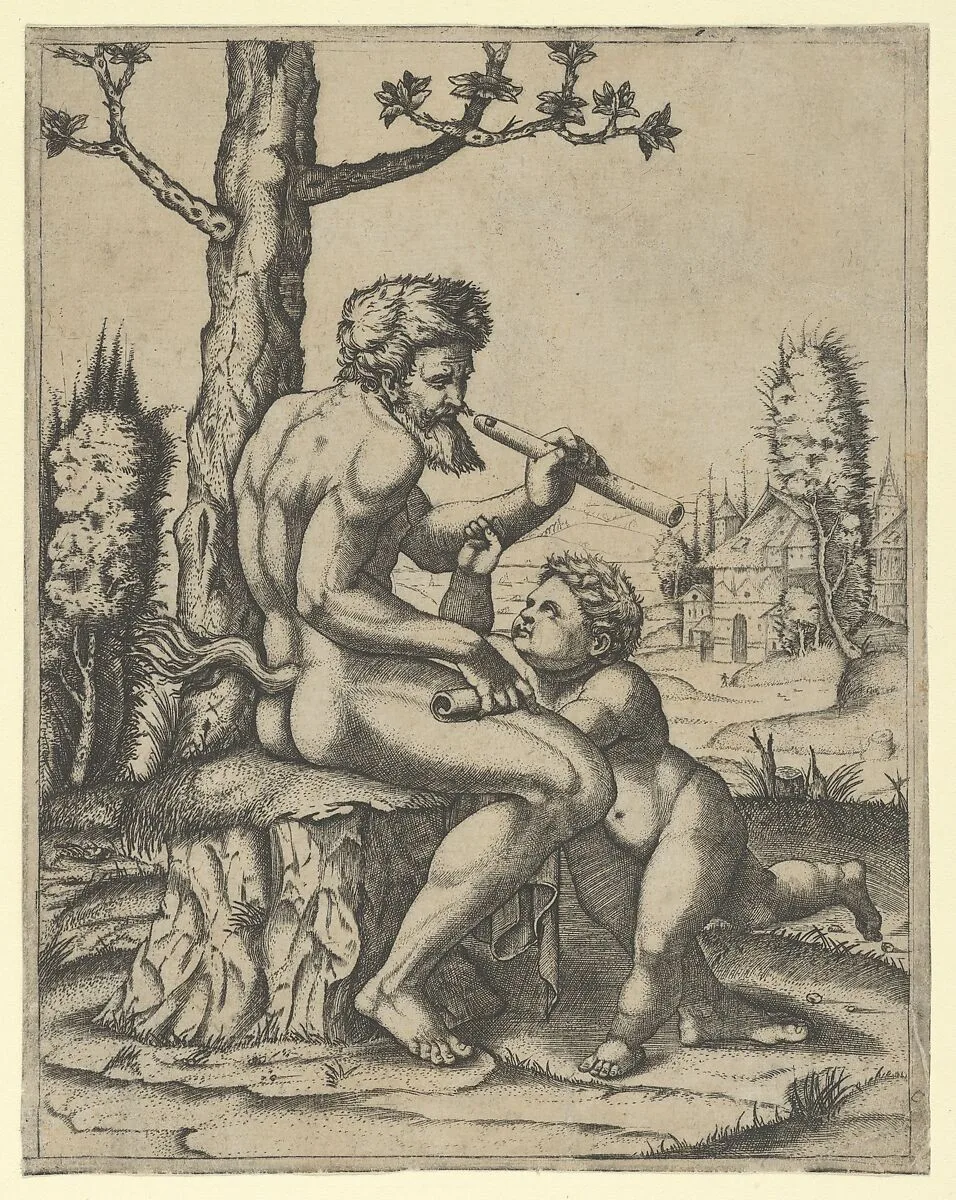 A faun sitting on a rock holding a flute in his left hand; a child stands between his knees — Marcantonio Raimondi|Raphael (Raffaello Sanzio or Santi)