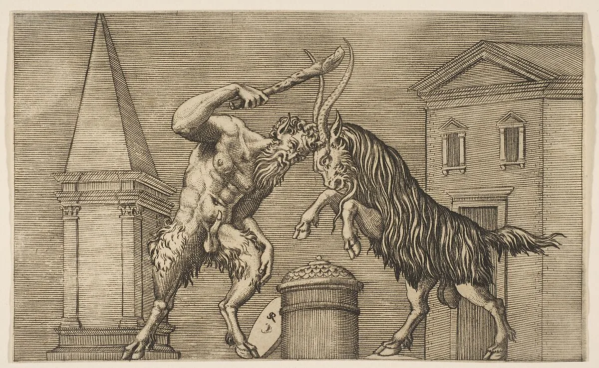 A satyr and a ram attacking each other, the satyr weilding a club with his right hand, a shield resting against a small column at center, buildings in the background — Marco Dente