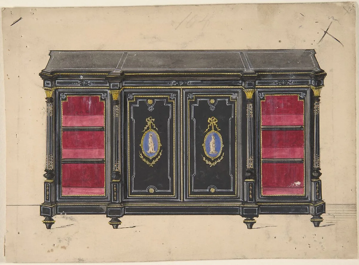 Cabinet Design with Porcelain Plaques and Red Interior — Anonymous, British, 19th century