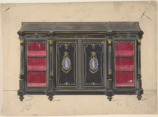 Cabinet Design with Porcelain Plaques and Red Interior