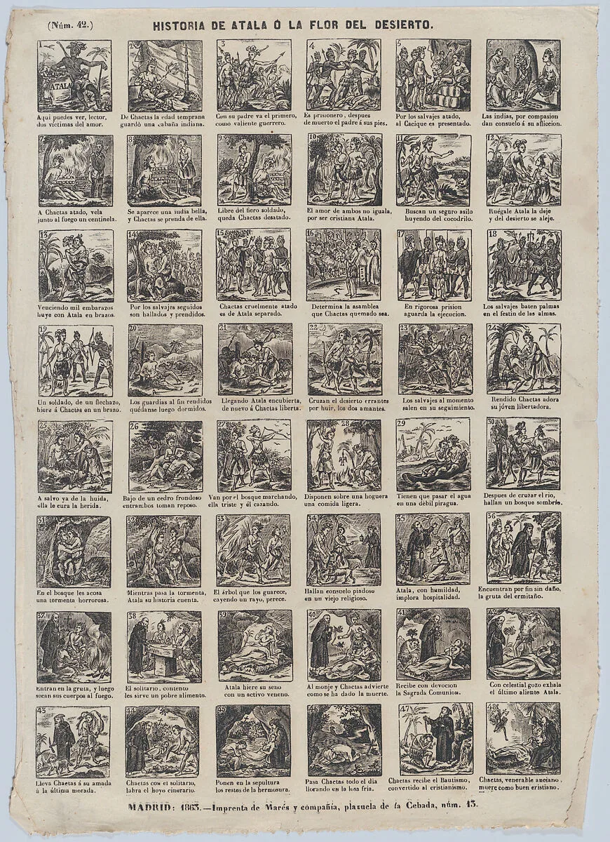 Broadside with 48 scenes depicting the story of Atal or the Flower of the Desert — José María Marés