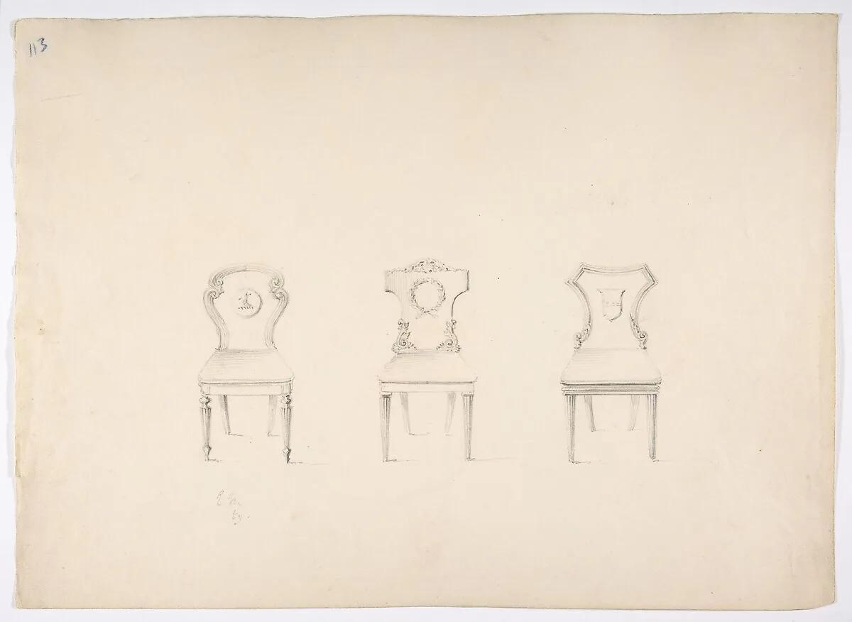 Design for Three Chairs with Arms or Devices on Backs — Anonymous, British, 19th century