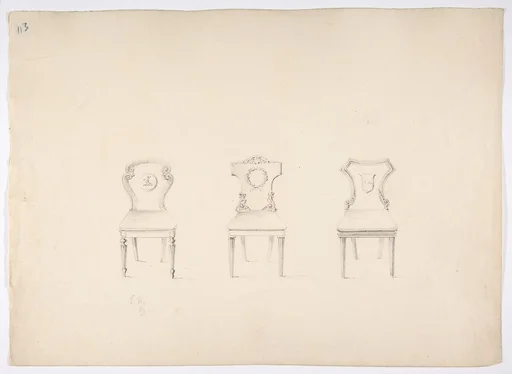 Design for Three Chairs with Arms or Devices on Backs